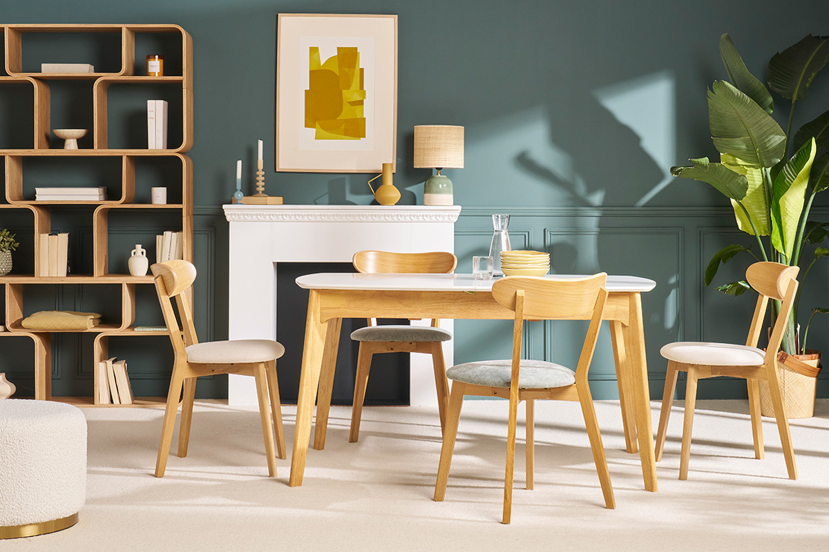 Table extensible rallonges intgres rectangulaire blanc et bois L140-180 cm MEENA