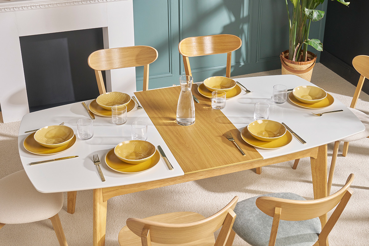 Table extensible rallonges intgres rectangulaire blanc et bois L140-180 cm MEENA