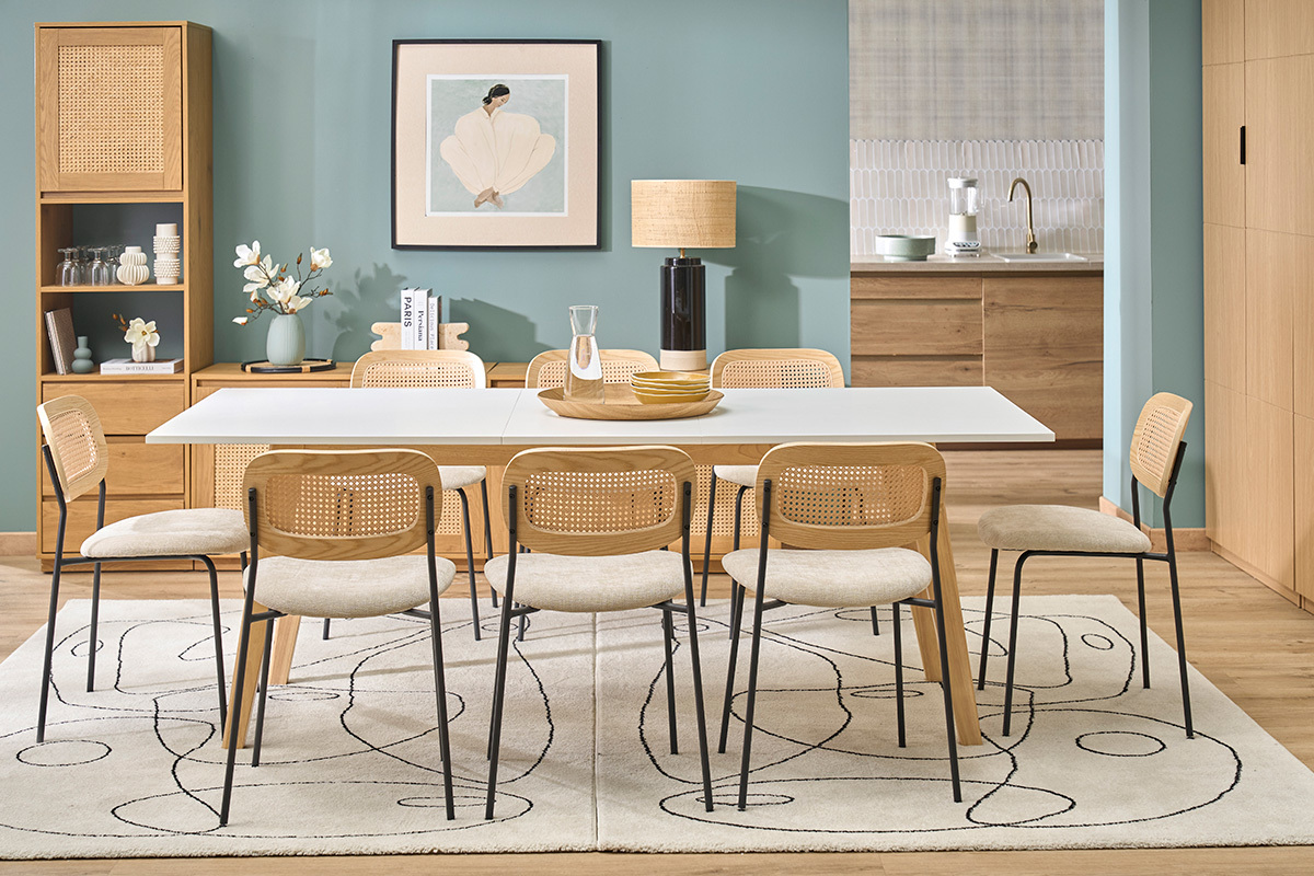 Table extensible rallonges int�gr�es rectangulaire blanche et bois clair L160-205 cm SWAD