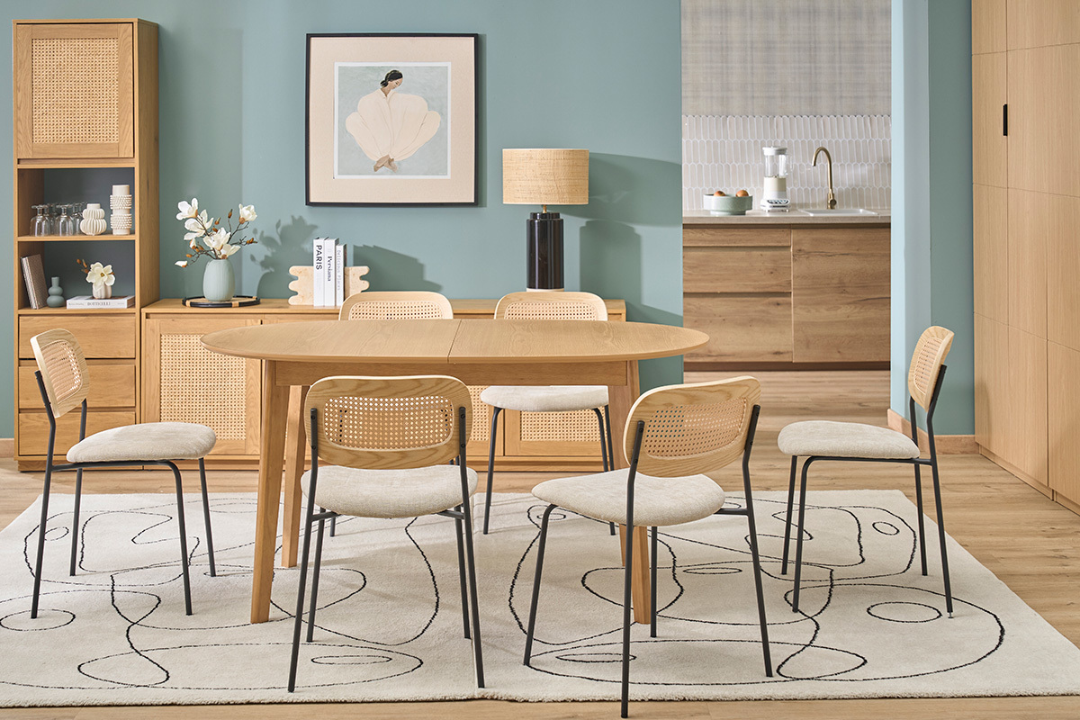 Table extensible rallonges int�gr�es rectangulaire en bois clair ch�ne L130-160 cm HELMA
