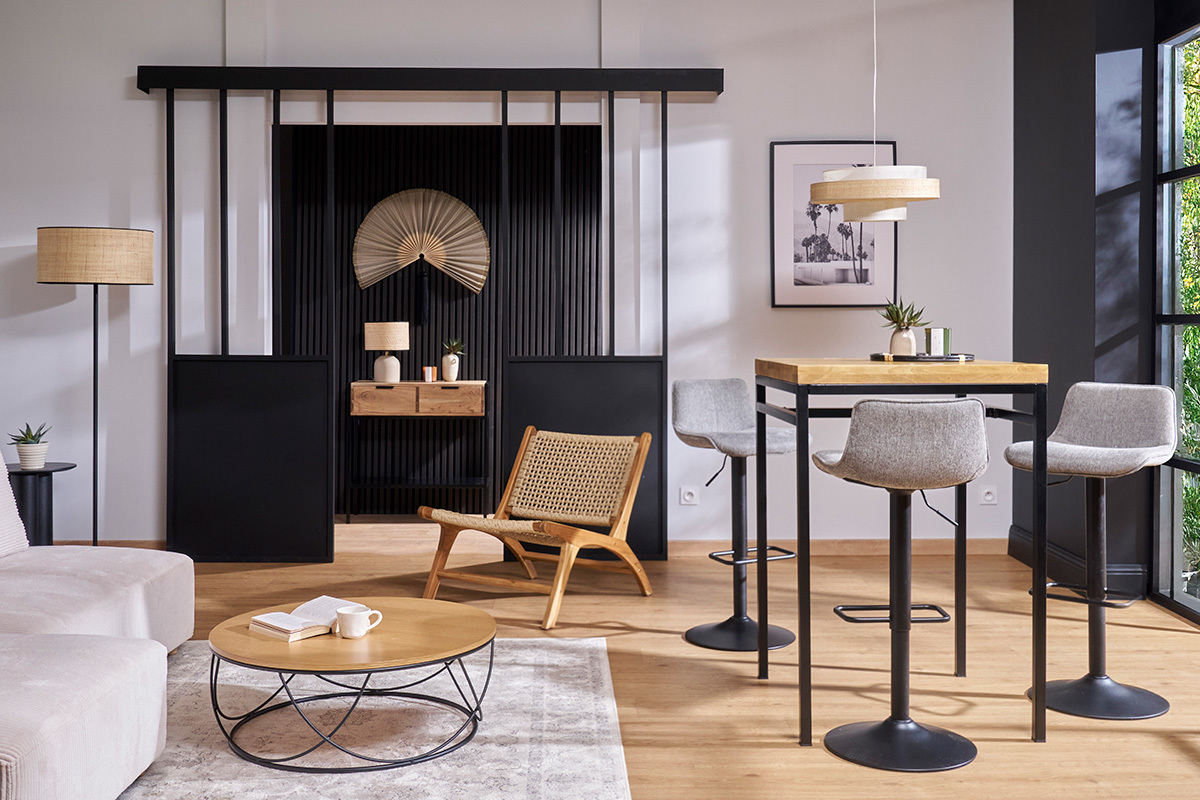 Table haute carre en manguier massif et mtal noir L70 cm YPSTER