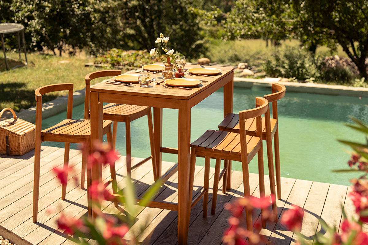 Table haute de jardin rectangulaire en bois teck massif L120 cm GILI