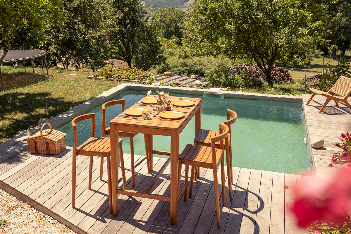 Table haute de jardin rectangulaire en bois teck massif L120 cm GILI