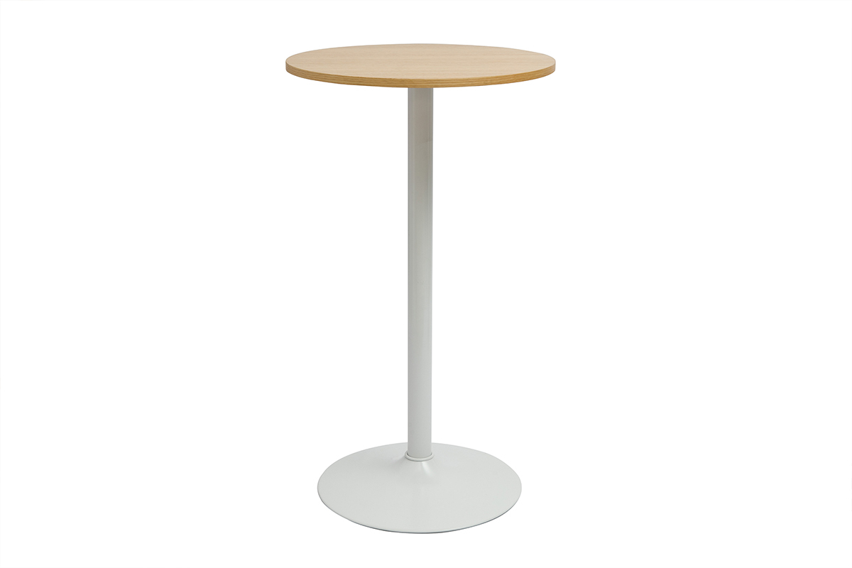 Table haute design ronde en bois clair chne et mtal blanc D60 cm CALISTA