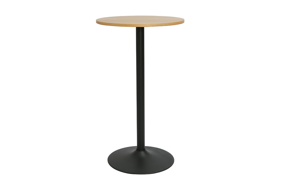 Table haute design ronde en bois clair chne et mtal noir D60 cm CALISTA