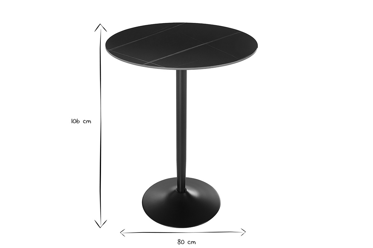 Table haute design ronde en c�ramique noire et m�tal D80 cm MALOU