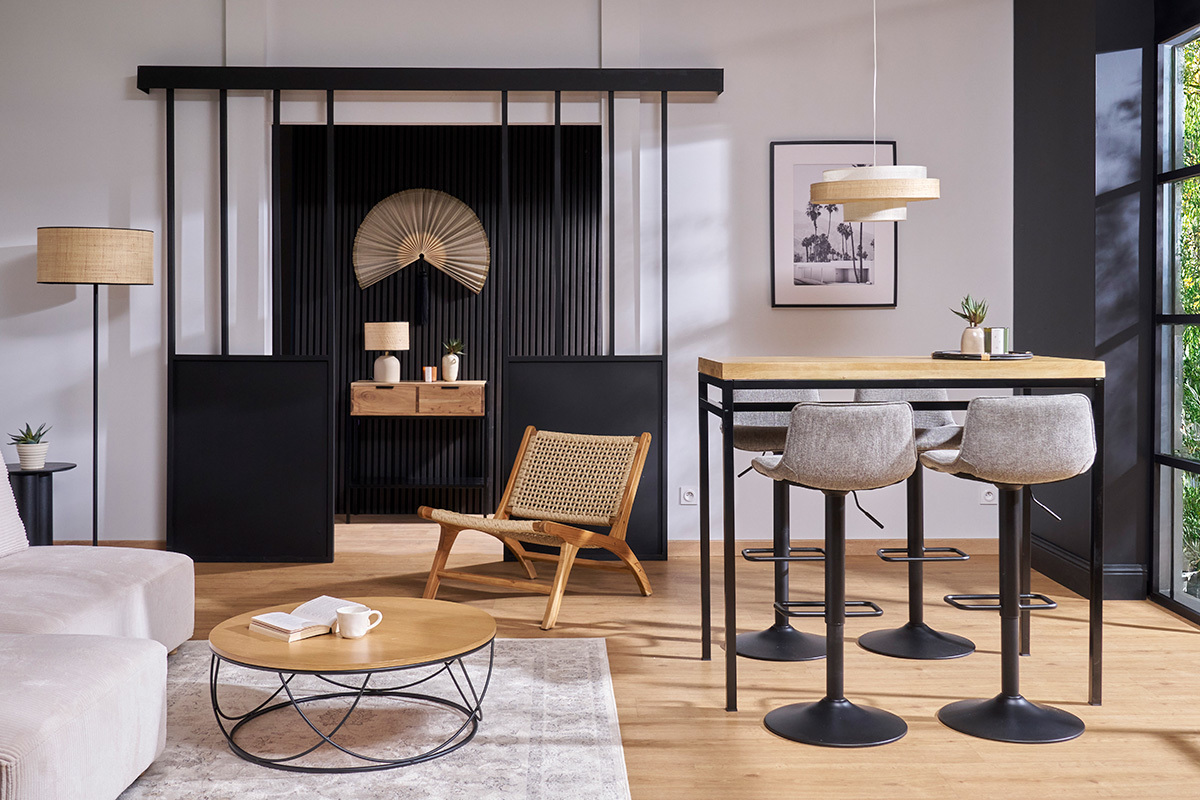 Table haute industrielle en bois manguier massif et mtal noir L115 cm YPSTER