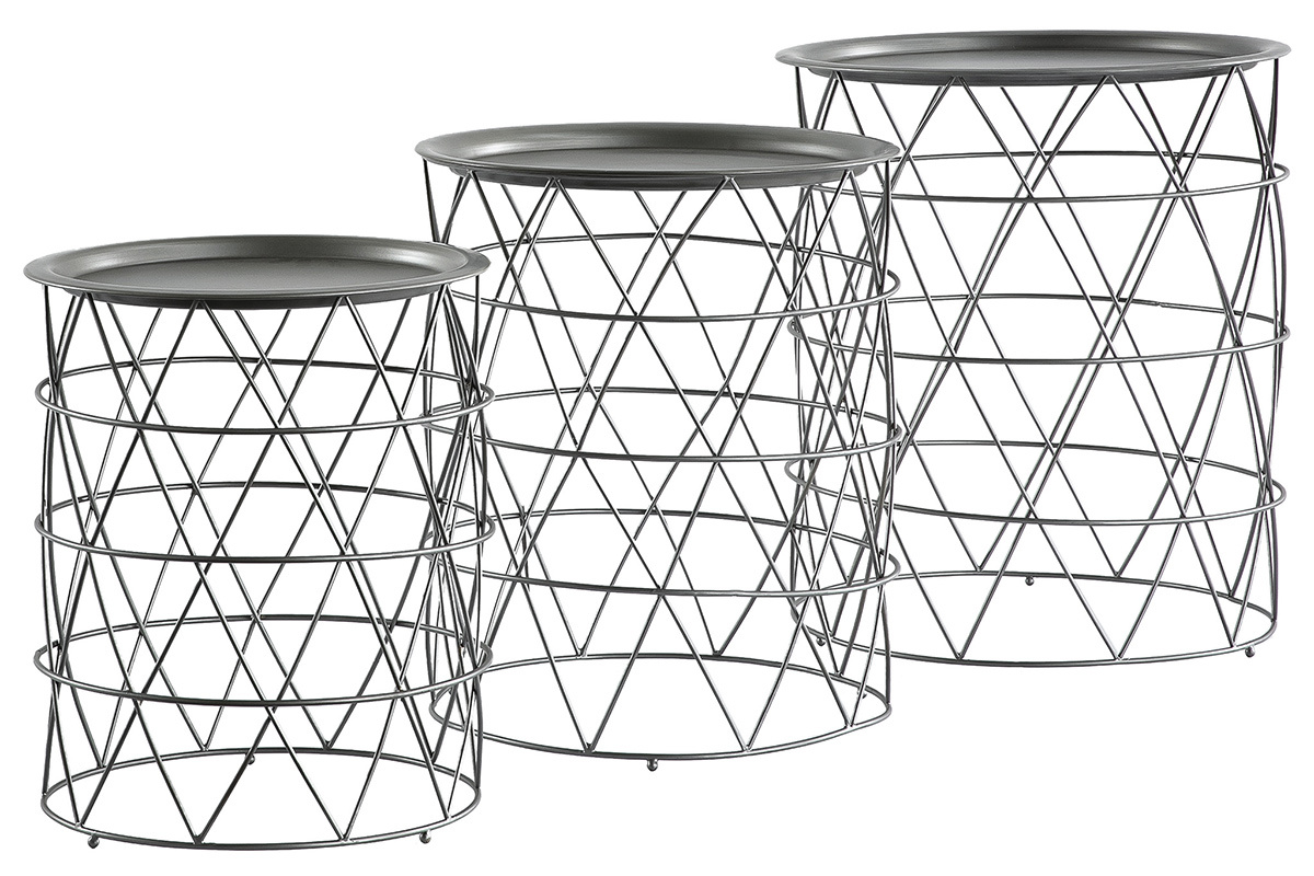 Tables basses gigognes avec plateaux amovibles en acier gris (lot de 3) TREKEN
