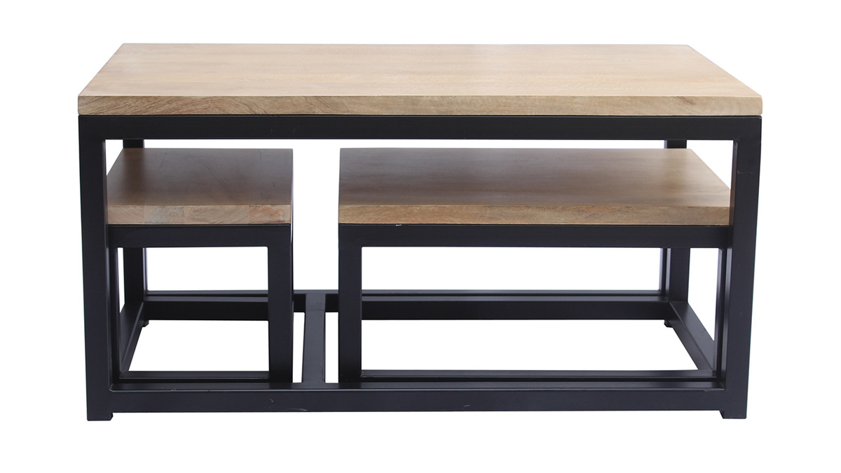 Tables basses gigognes bois clair manguier massif et mtal noir (lot de 3) FACTORY