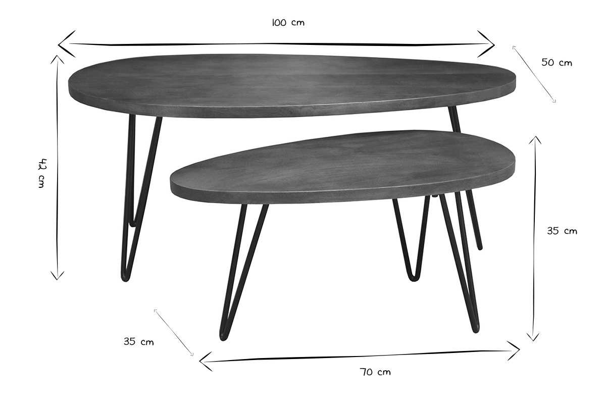 Tables basses gigognes bois fonc� manguier massif et m�tal noir (lot de 2) VIBES