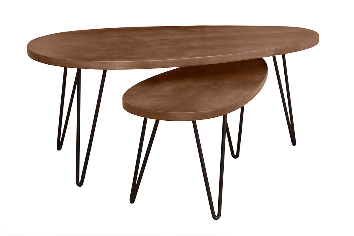 Tables basses gigognes bois fonc� manguier massif et m�tal noir (lot de 2) VIBES