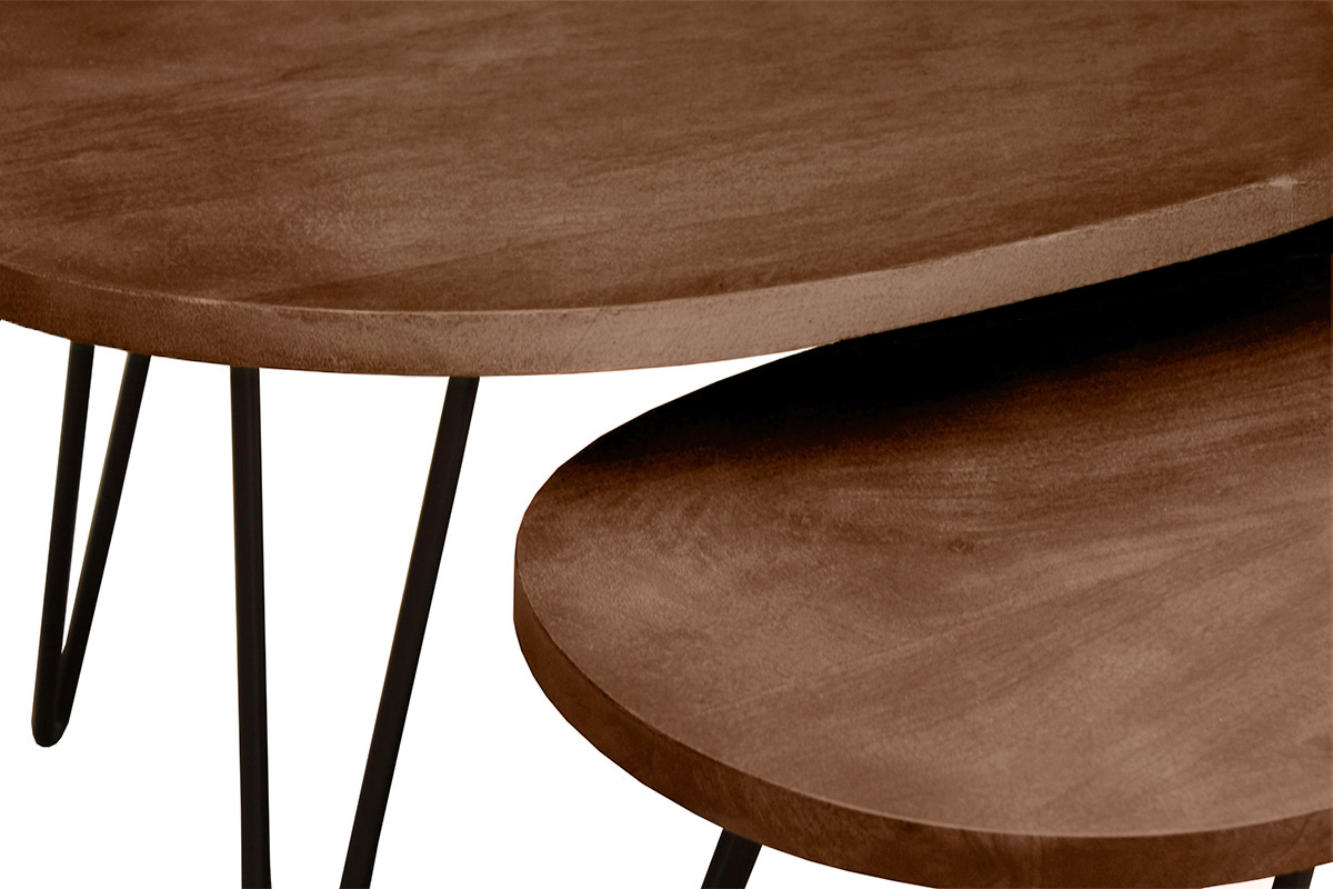 Tables basses gigognes bois fonc� manguier massif et m�tal noir (lot de 2) VIBES