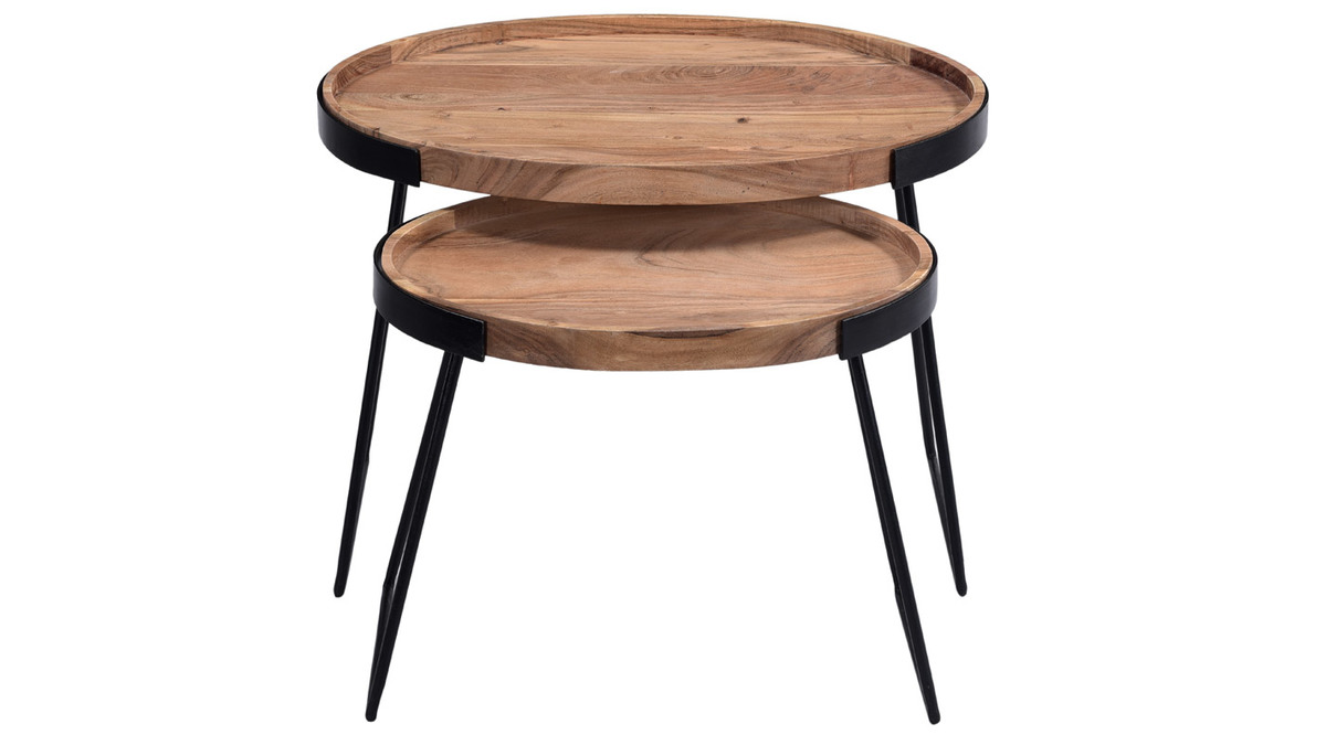 Tables basses gigognes bois massif et mtal noir (lot de 2) ELAVO