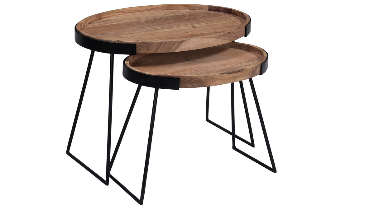 Tables basses gigognes bois massif et mtal noir (lot de 2) ELAVO