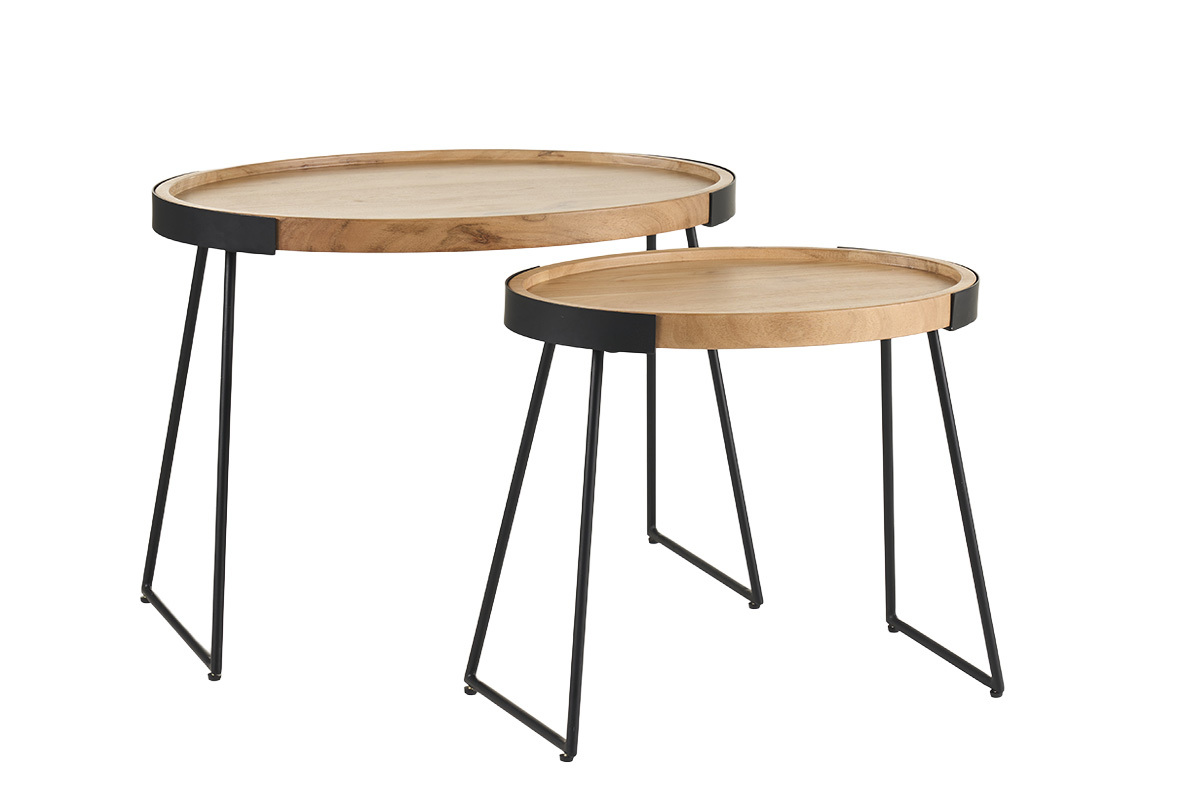 Tables basses gigognes bois massif et m�tal noir (lot de 2) ELAVO