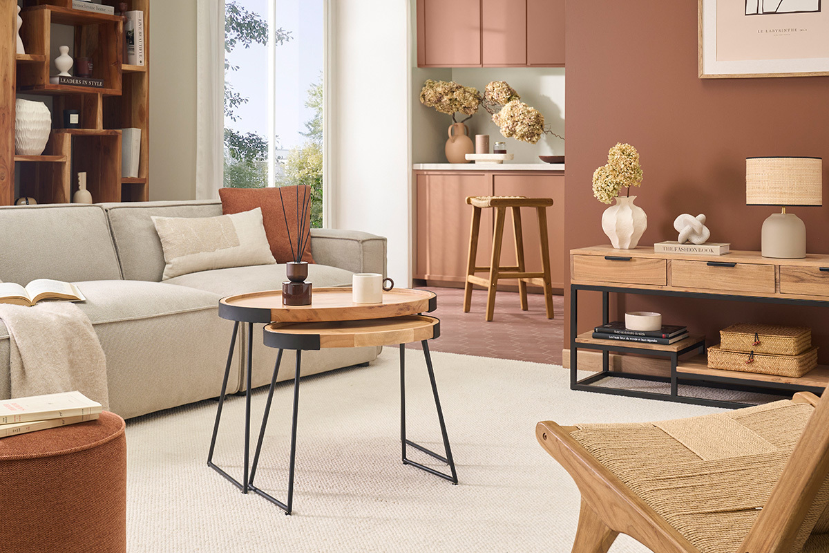 Tables basses gigognes bois massif et m�tal noir (lot de 2) ELAVO