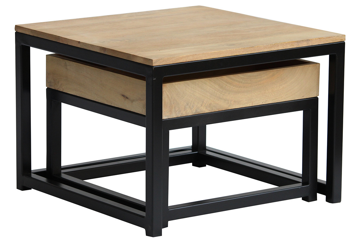 Tables basses gigognes carr�es bois clair manguier massif et m�tal noir (lot de 2) FACTORY