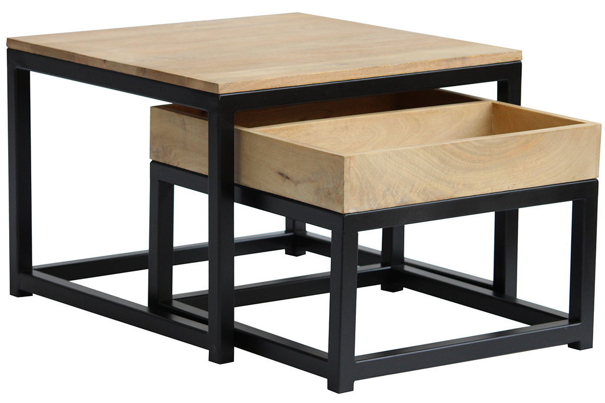 Tables basses gigognes carr�es bois clair manguier massif et m�tal noir (lot de 2) FACTORY