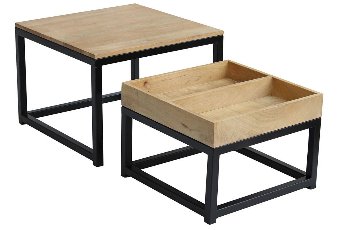 Tables basses gigognes carr�es bois clair manguier massif et m�tal noir (lot de 2) FACTORY
