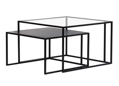 Tables basses gigognes carrées design verre trempé et métal noir (lot de 2) TAHL