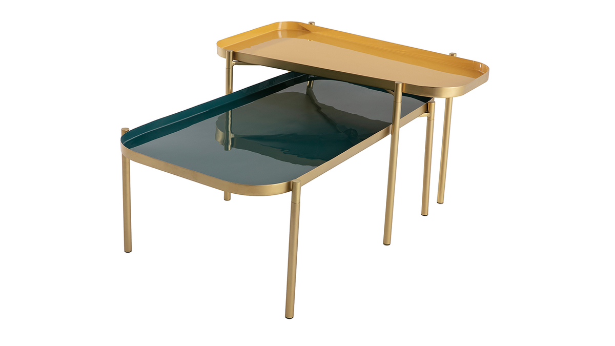 Tables basses gigognes design laques bleu, jaune et dor (lot de 2) ZURIA