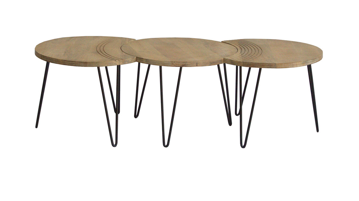 Tables basses gigognes graves bois clair manguier massif et mtal noir (lot de 3) VIBES