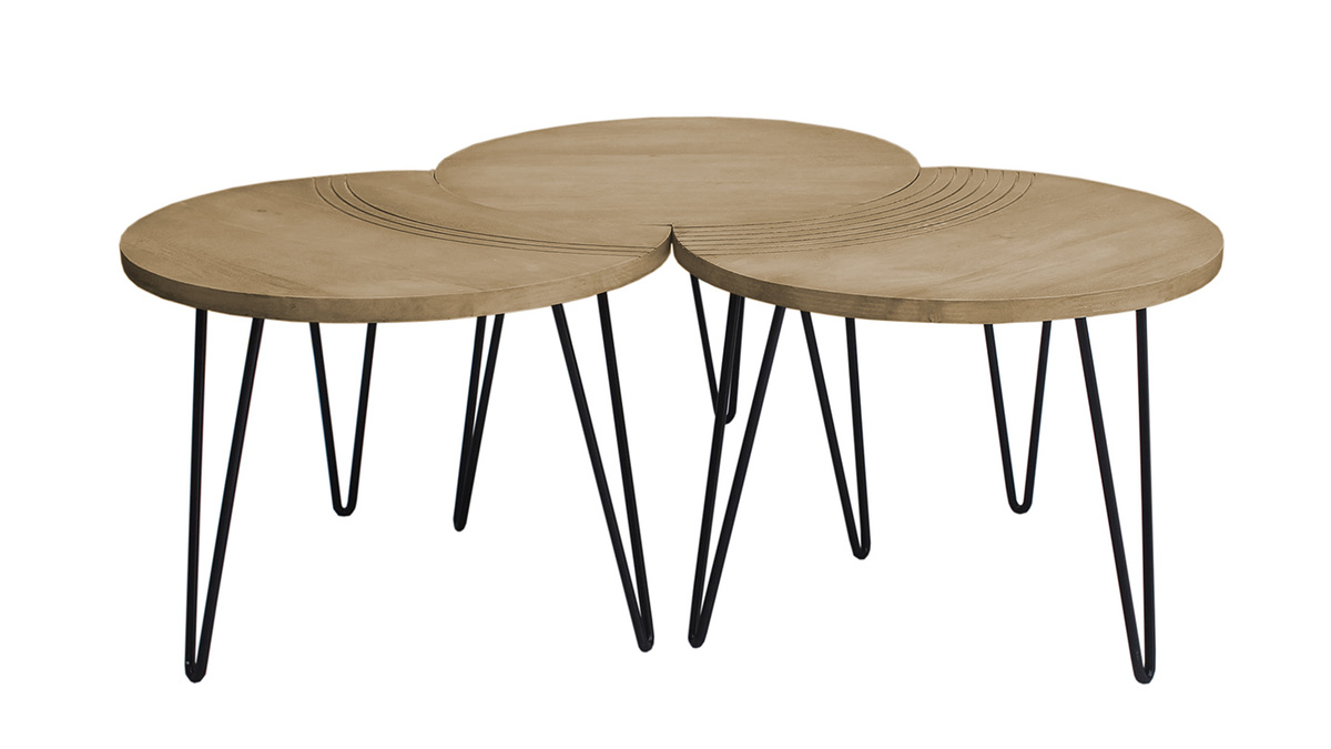 Tables basses gigognes graves bois clair manguier massif et mtal noir (lot de 3) VIBES
