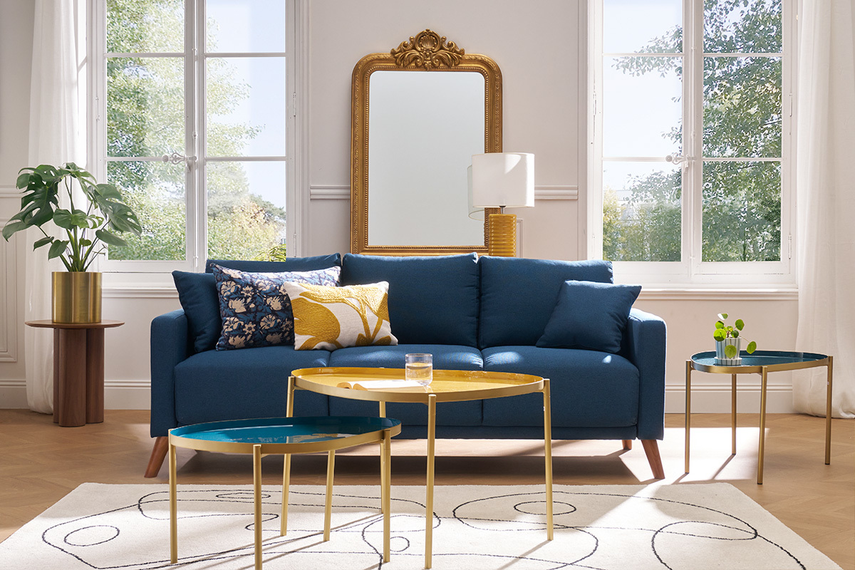 Tables basses gigognes laques moutarde, bleu canard et bleu (lot de 3) ZURIA