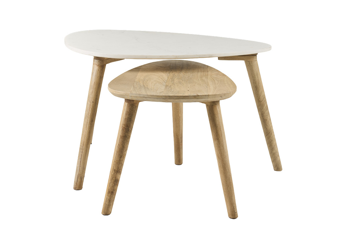 Tables basses gigognes marbre blanc et bois manguier massif (lot de 2) EVY