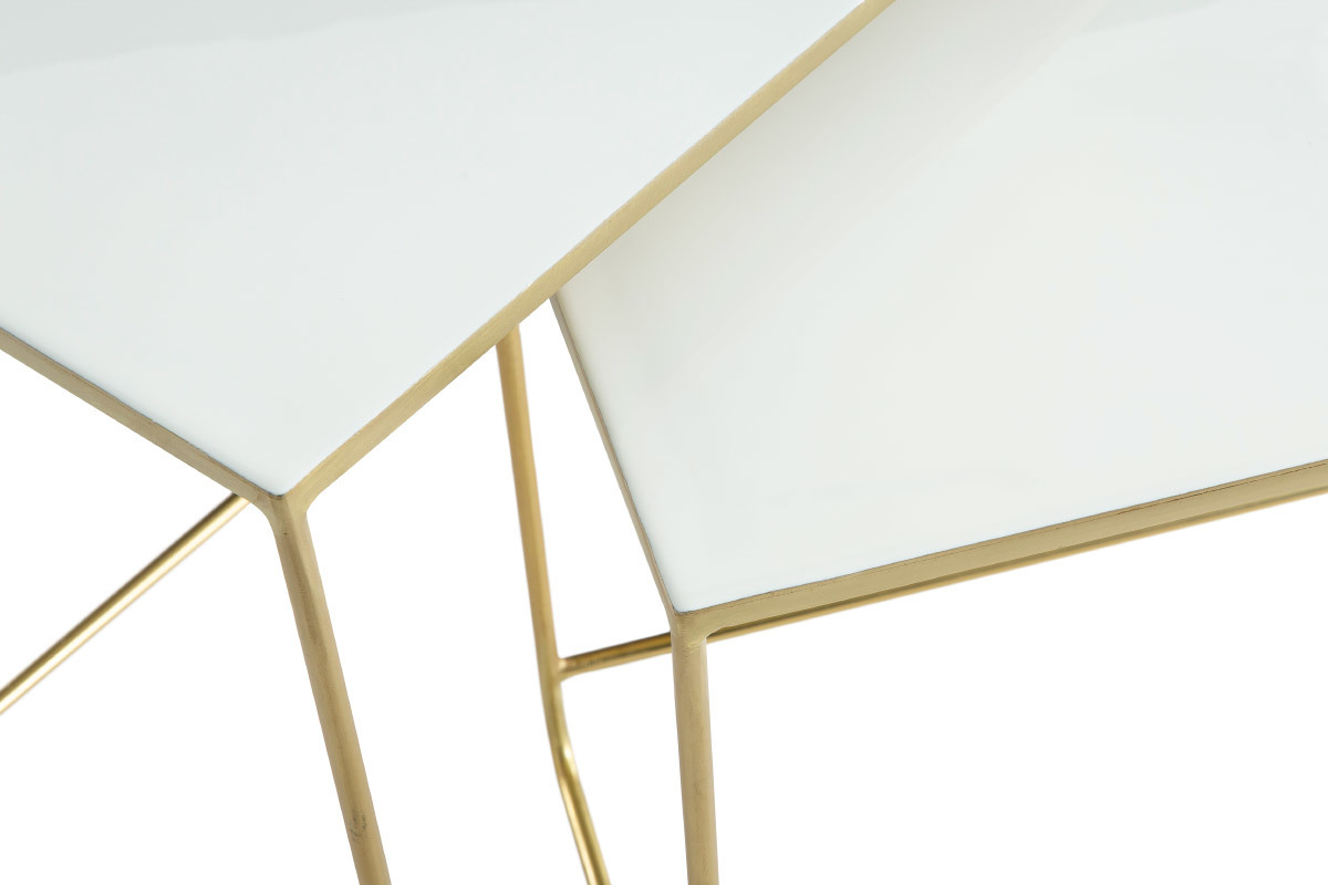 Tables basses gigognes rectangulaires design blanc et mtal dor (lot de 2) WESS