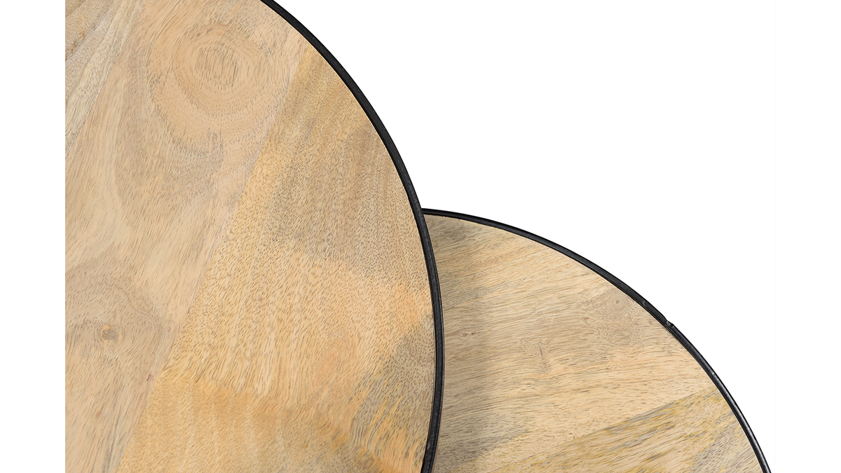 Tables basses gigognes rondes bois clair manguier massif et métal noir (lot de 2) BARREL
