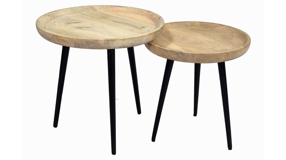 Tables basses gigognes rondes bois clair manguier massif et mtal noir (lot de 2) PYTA