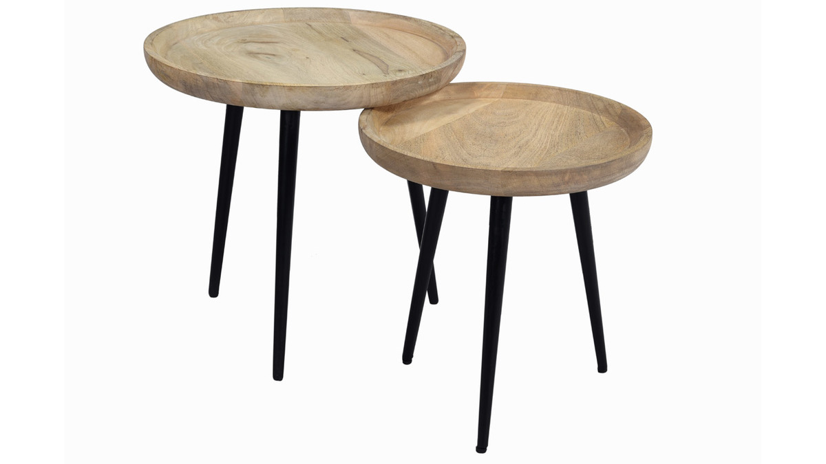 Tables basses gigognes rondes bois clair manguier massif et métal noir (lot de 2) PYTA