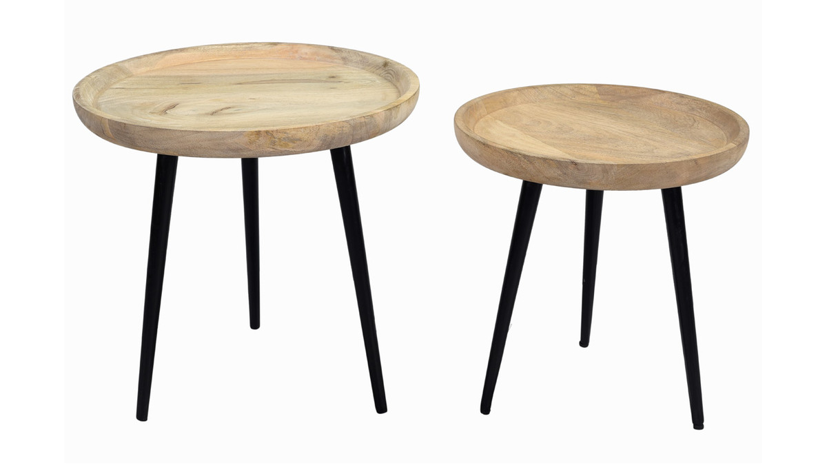 Tables basses gigognes rondes bois clair manguier massif et métal noir (lot de 2) PYTA