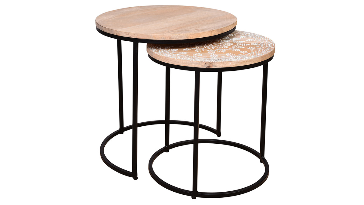Tables basses gigognes rondes bois clair manguier massif et mtal noir (lot de 2) TOGETHER