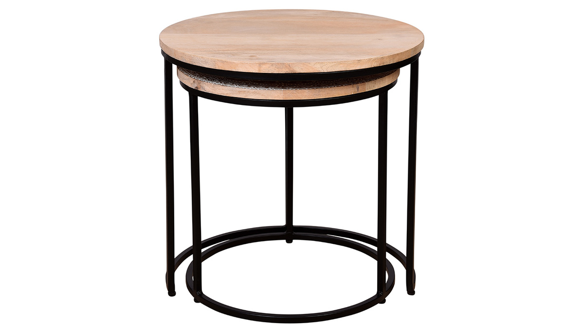 Tables basses gigognes rondes bois clair manguier massif et mtal noir (lot de 2) TOGETHER