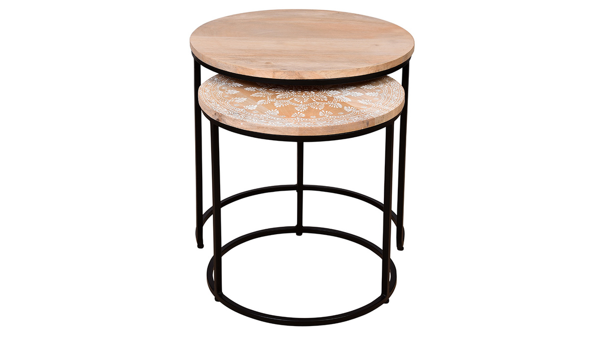 Tables basses gigognes rondes bois clair manguier massif et mtal noir (lot de 2) TOGETHER