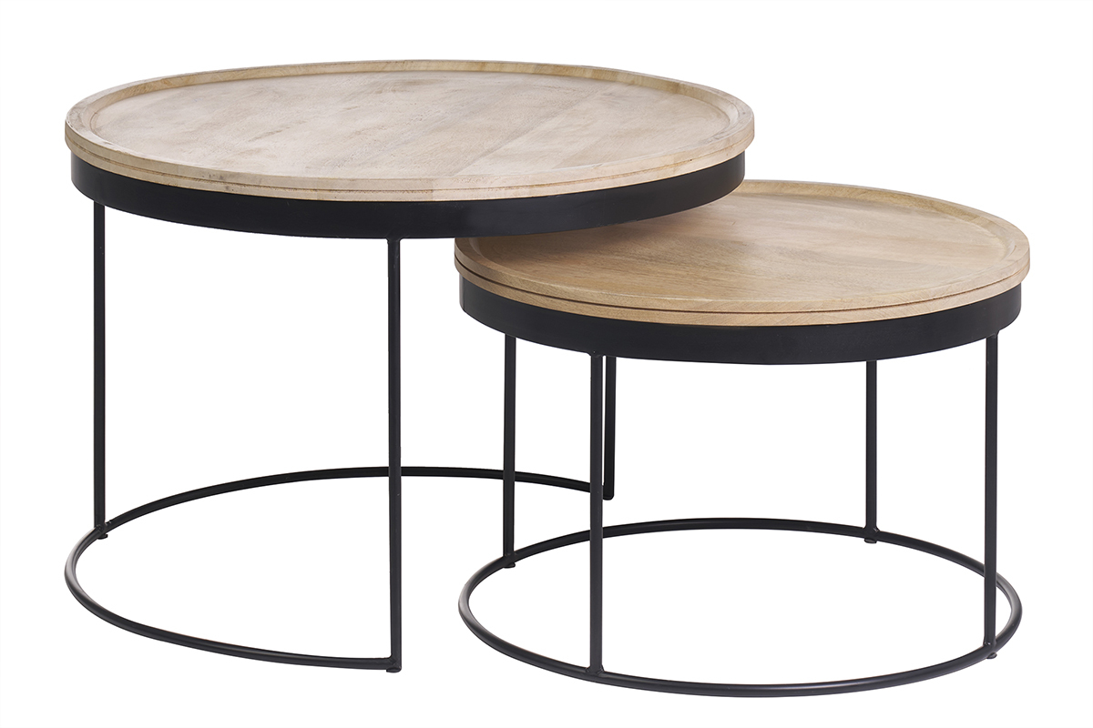Tables basses gigognes rondes bois manguier massif et mtal noir (lot de 2) LEDGE