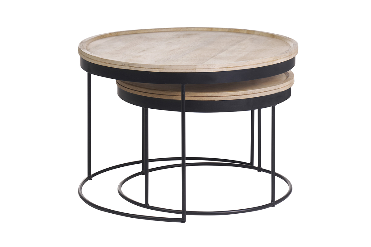 Tables basses gigognes rondes bois manguier massif et mtal noir (lot de 2) LEDGE