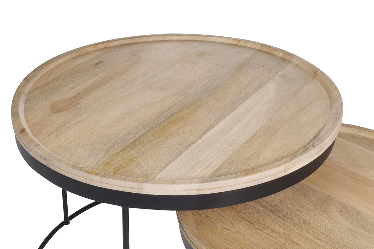 Tables basses gigognes rondes bois manguier massif et mtal noir (lot de 2) LEDGE