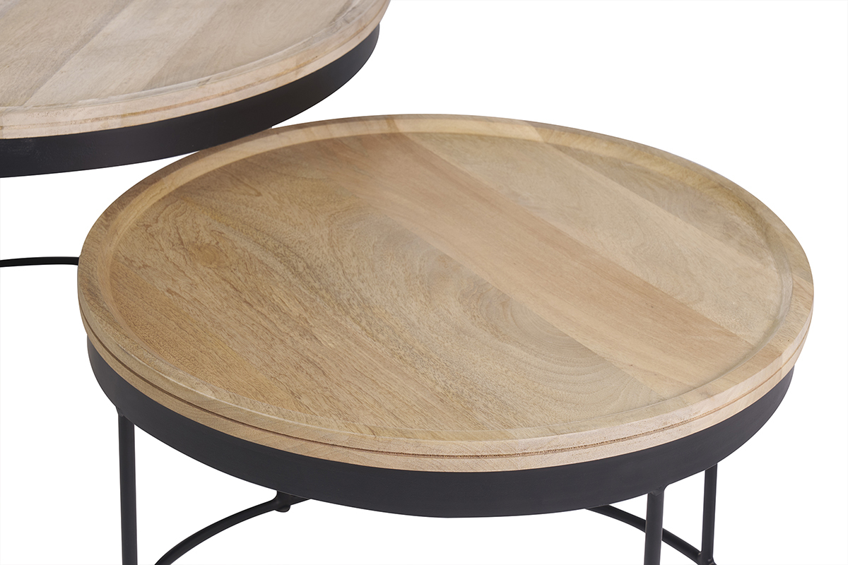 Tables basses gigognes rondes bois manguier massif et mtal noir (lot de 2) LEDGE