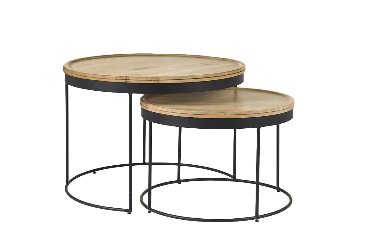 Tables basses gigognes rondes bois manguier massif et m�tal noir (lot de 2) LEDGE