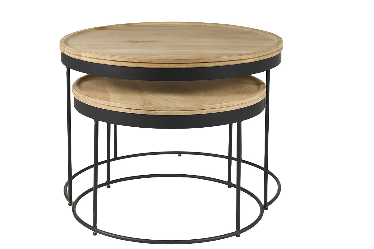 Tables basses gigognes rondes bois manguier massif et m�tal noir (lot de 2) LEDGE