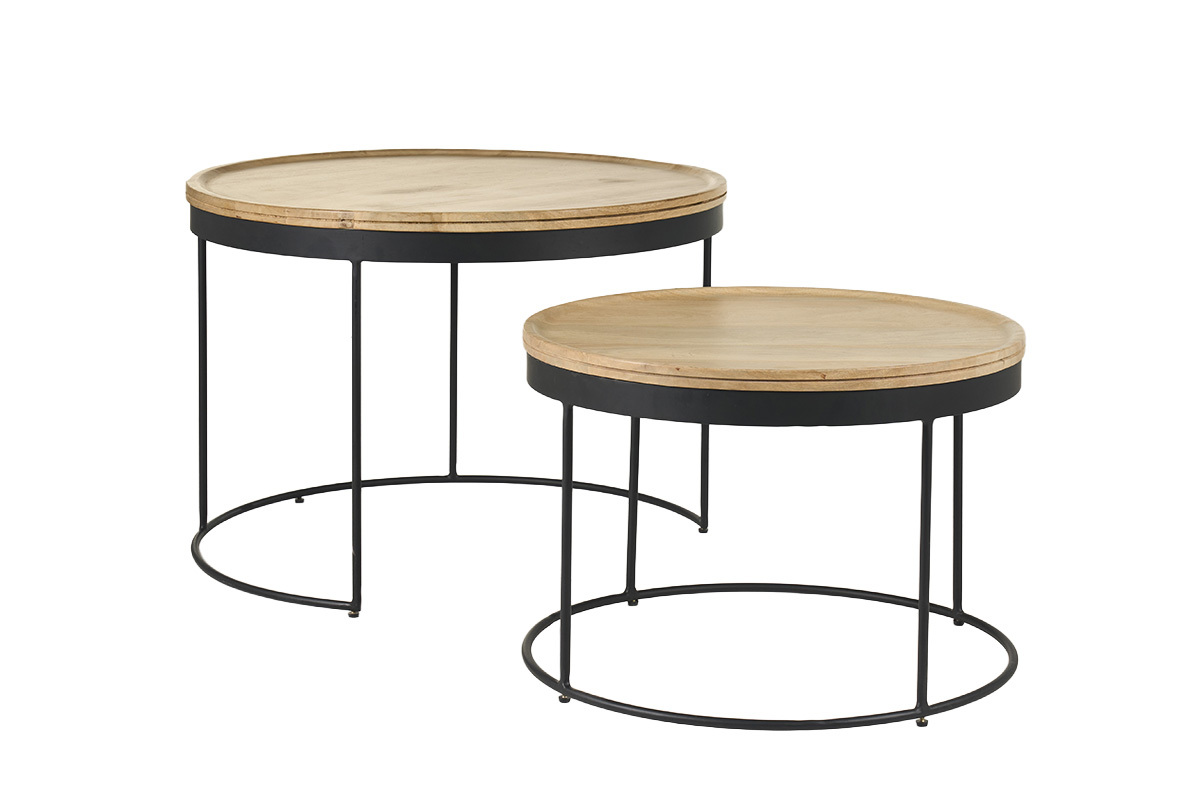 Tables basses gigognes rondes bois manguier massif et m�tal noir (lot de 2) LEDGE