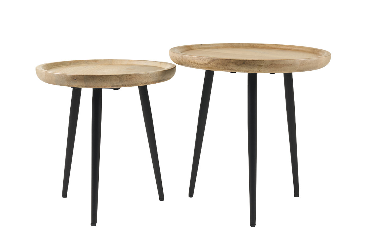 Tables basses gigognes rondes bois manguier massif et m�tal noir (lot de 2) PYTA