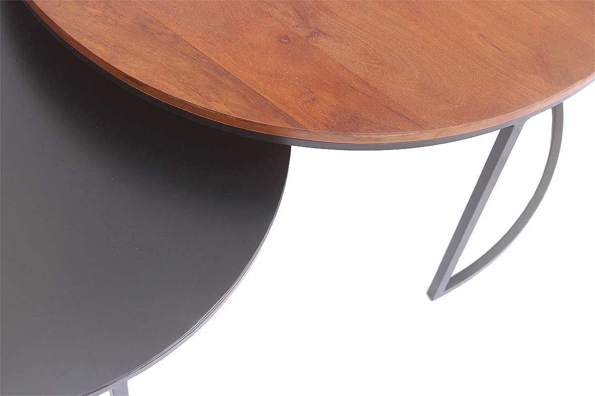 Tables basses gigognes rondes bois manguier massif teint� et m�tal noir (lot de 2) TAHL