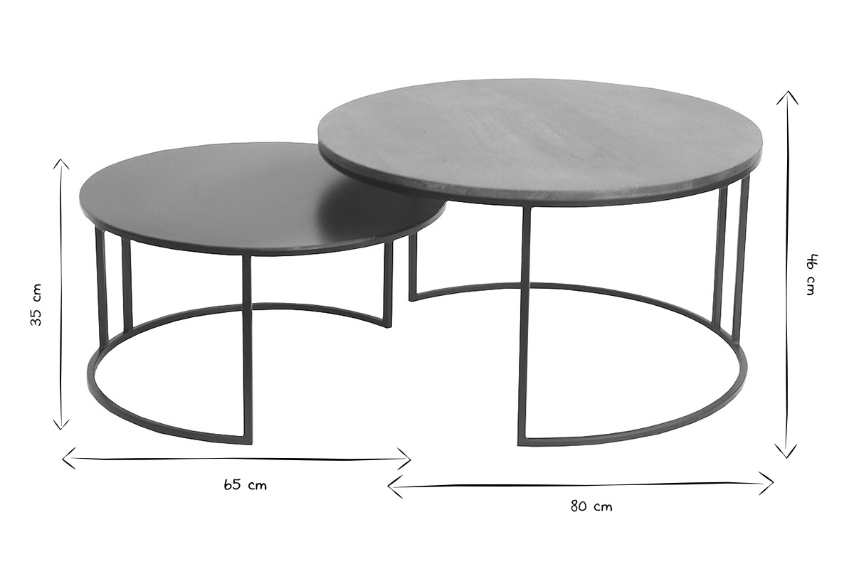 Tables basses gigognes rondes bois manguier massif teint� et m�tal noir (lot de 2) TAHL