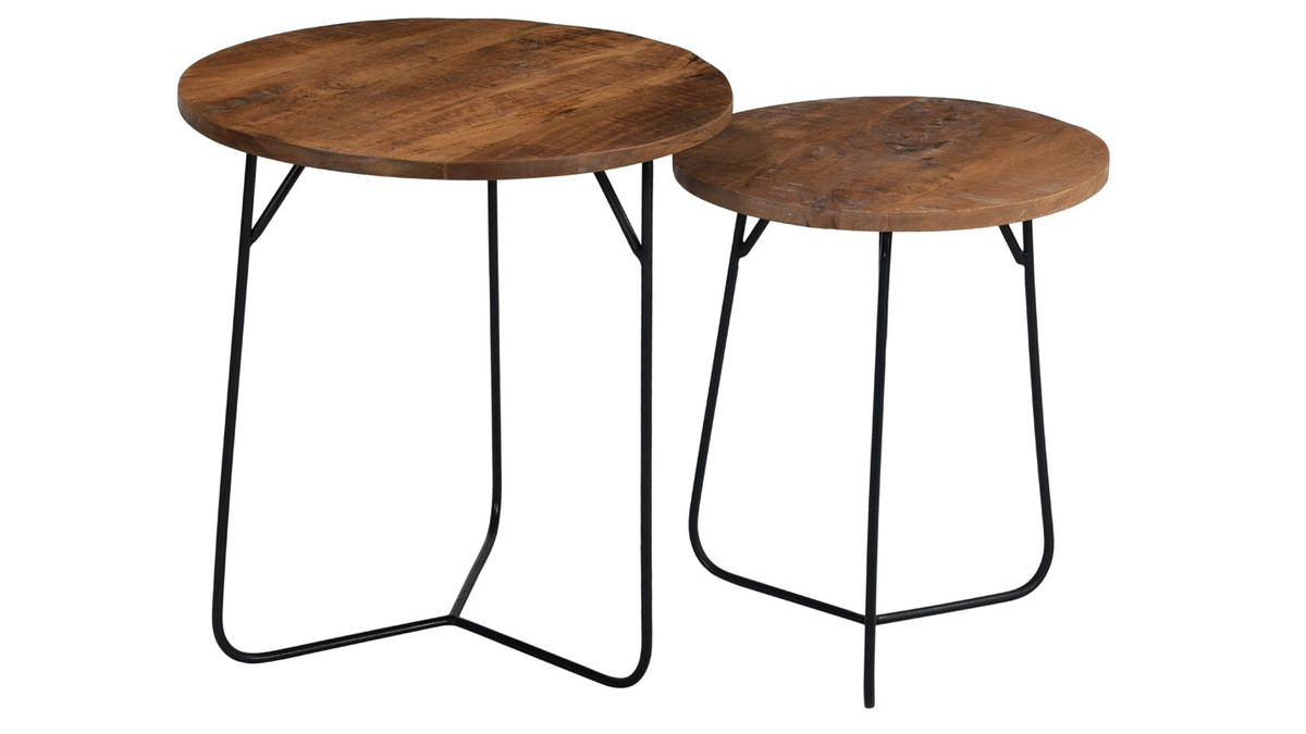 Tables basses gigognes rondes bois massif et mtal noir (lot de 2) AQUILA