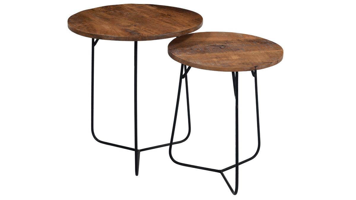 Tables basses gigognes rondes bois massif et mtal noir (lot de 2) AQUILA