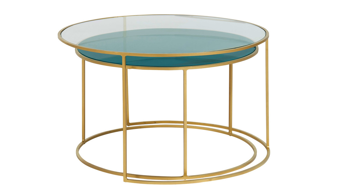Tables basses gigognes rondes design mtal dor et verre teint bleu ptrole (lot de 2) ROXO